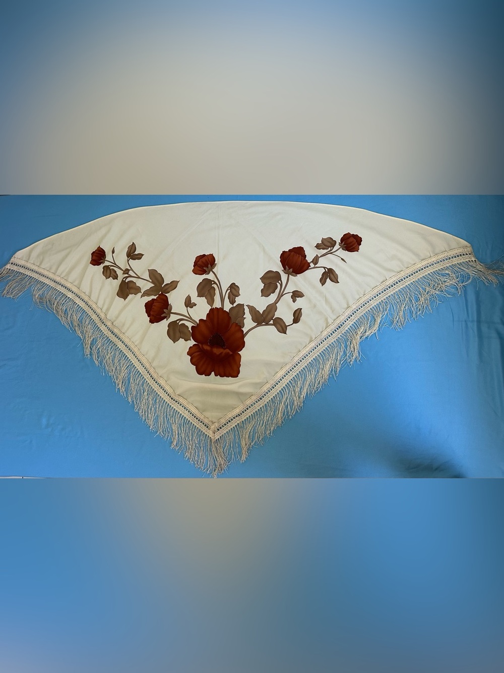 Ivory Flamenco Triangular Shawl
Painted Red Flowers with Fringe